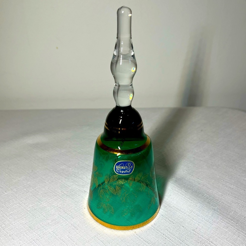 Bohemian Emerald Green Crystal Glass Bell * Stunning Gold Gilding